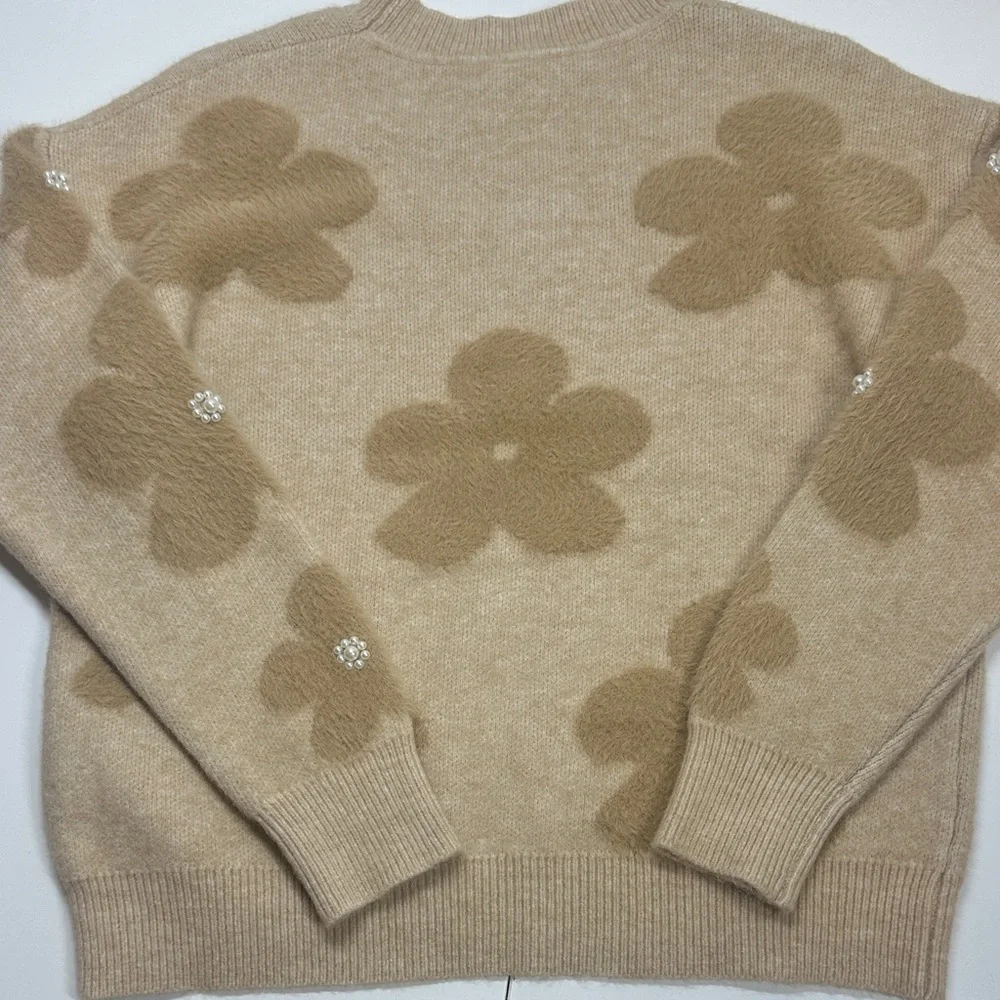 Nanette Lepore Eyelash Retro Pearl Cream Floral Crew Neck Sweater Small